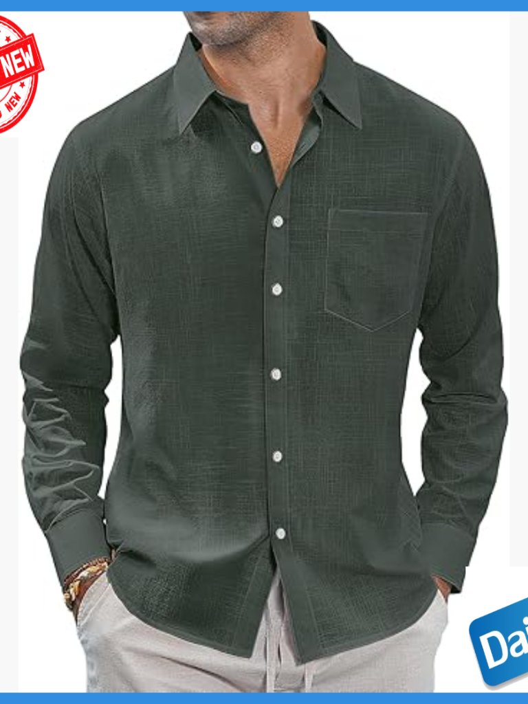 Men's Linen Button Down Shirt Long Sleeve Casual Summer Beach Regular Fit